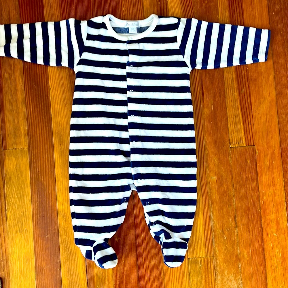Kissy kissy velour snap footie. Navy and white stripe.